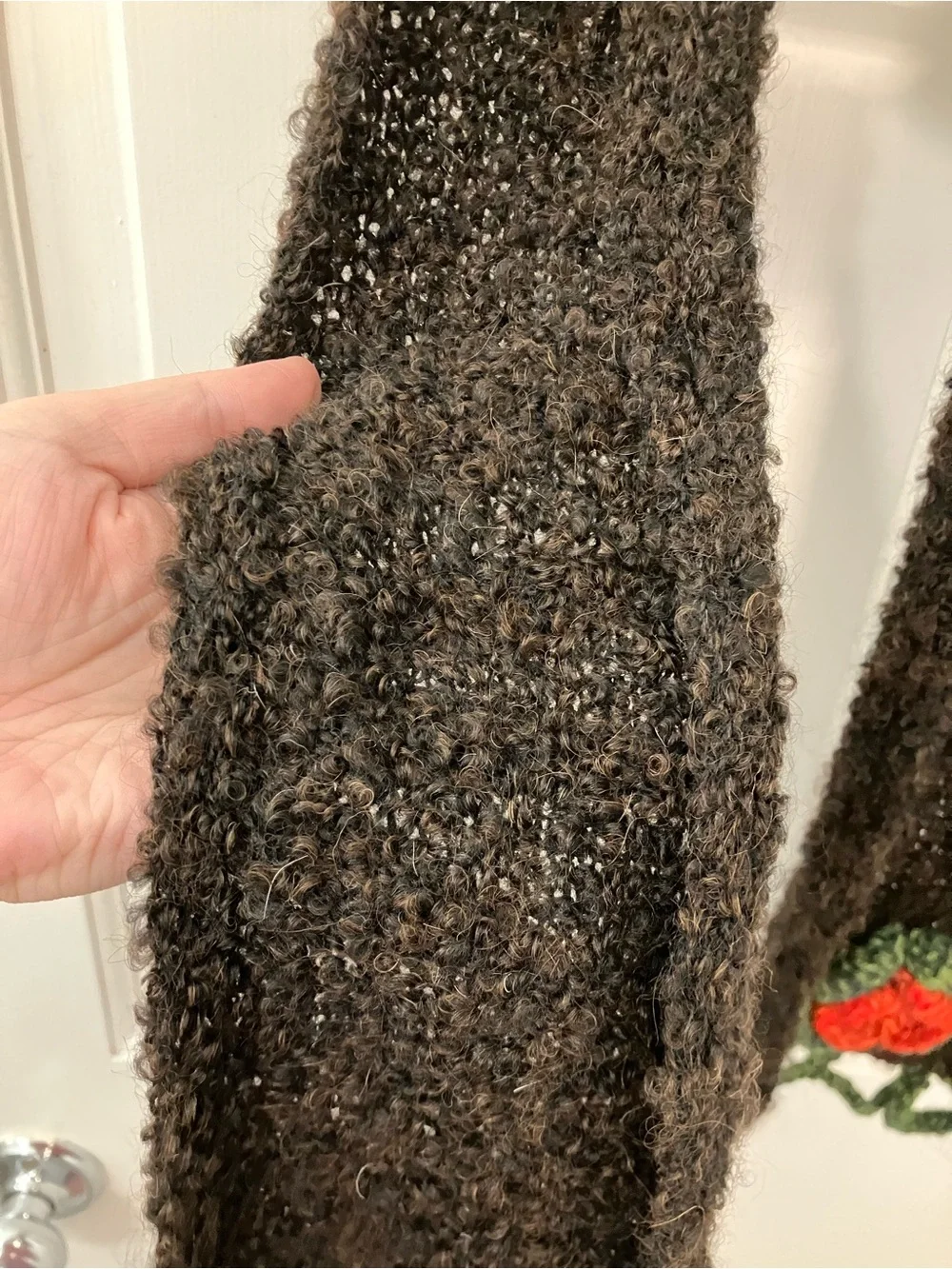 Handmade wool Dark Brown Knit Scarf with Red green flower Appliqués by Tabask